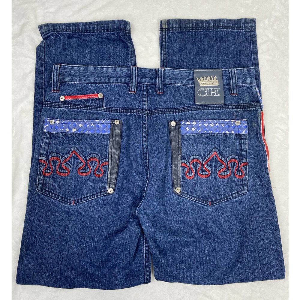 AUTHENTIC CROWN HOLDER BLUE RED COLOR JEANS SIZE 36 X 33 EMBROIDERED RED ACCENTS
